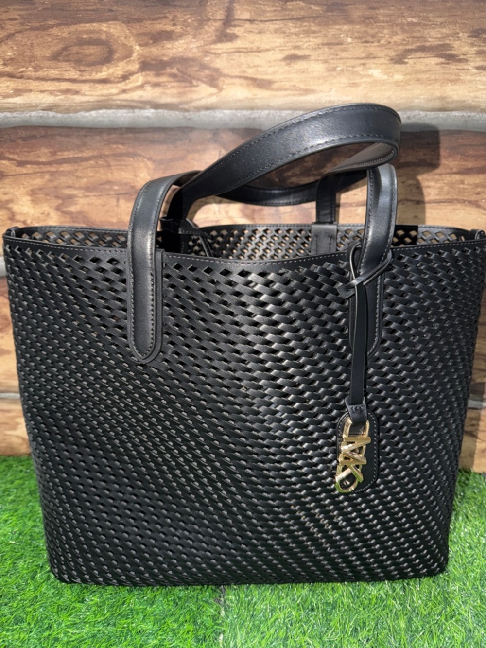 Michael Kors Black Woven Tote with Gold MK Charm